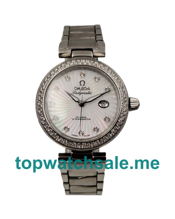 UK Best Quality Omega De Ville Ladymatic 425.35.34.20.55.001 Replica Watches With White Mother-Of-Pearl Dials For Sale