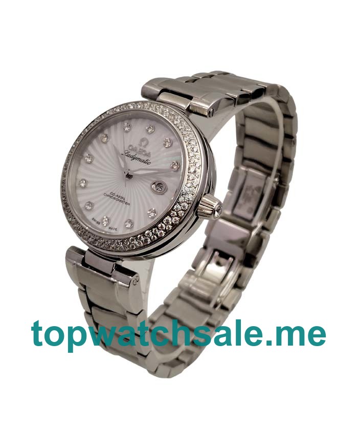 UK Best Quality Omega De Ville Ladymatic 425.35.34.20.55.001 Replica Watches With White Mother-Of-Pearl Dials For Sale