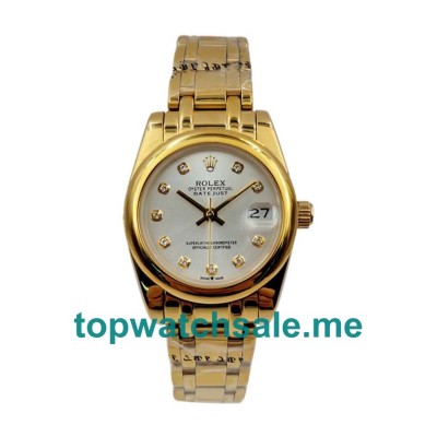 UK AAA Quality Rolex Pearlmaster 81208 Fake Watches With 31 MM Gold Cases For Women