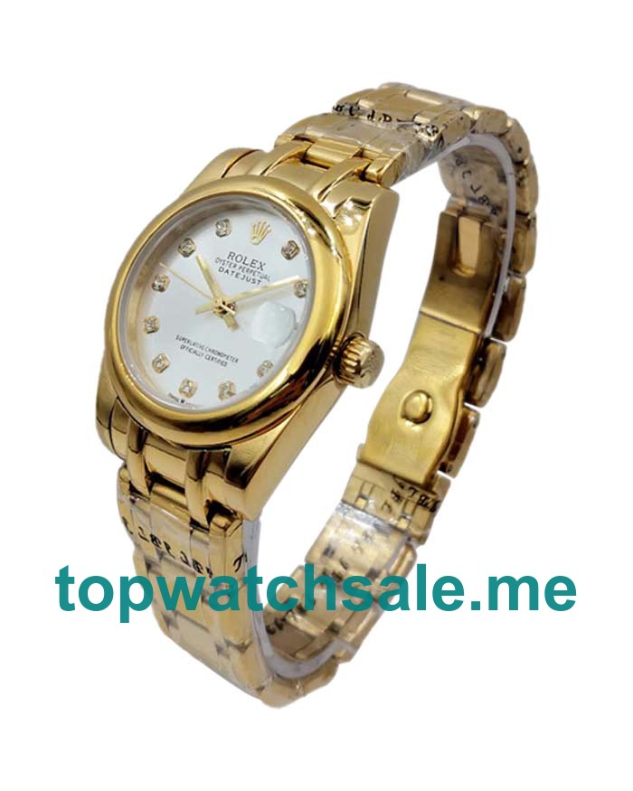 UK AAA Quality Rolex Pearlmaster 81208 Fake Watches With 31 MM Gold Cases For Women